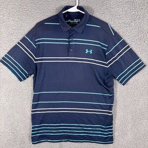 Under Armour The Playoff‎ Polo Shirt Men's M Navy Teal Stripe Golf Preppy Casual